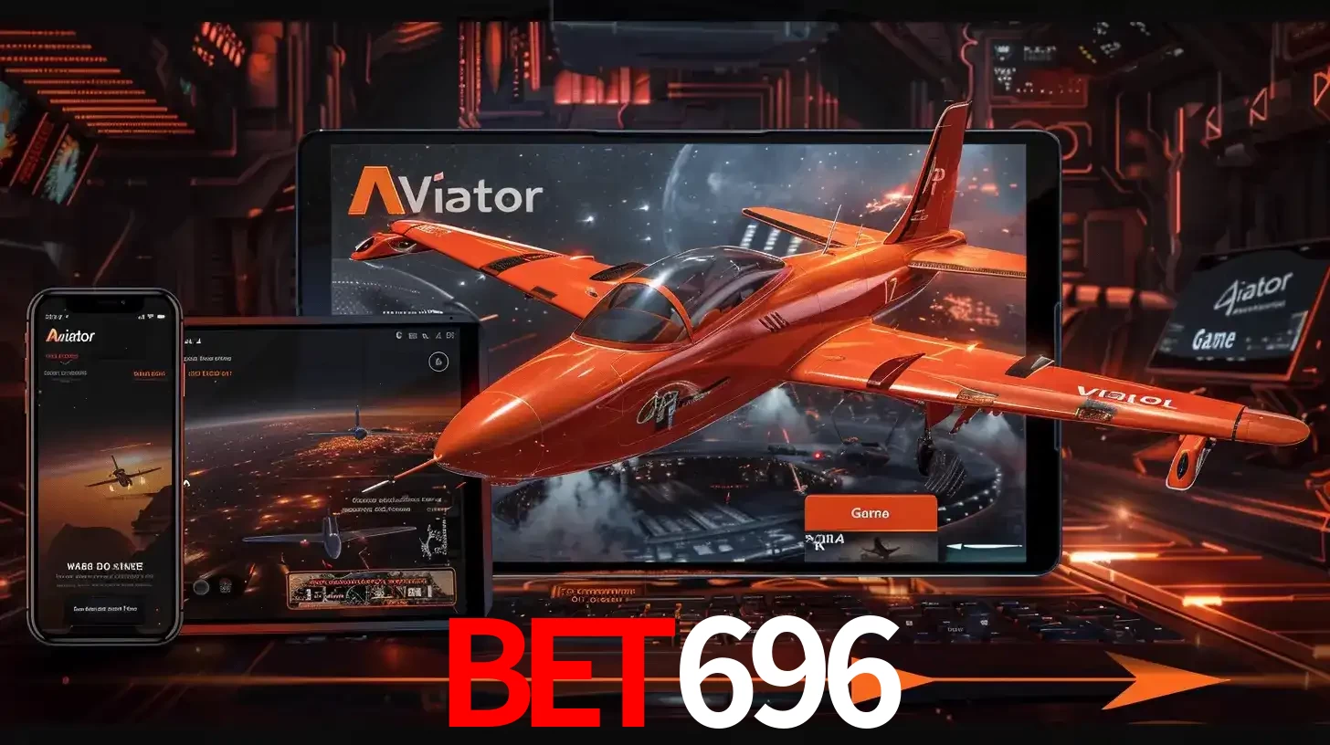 Apresentação tecnológica do jogo Aviator com um avião saindo da tela de um tablet, demonstrando a experiência imersiva em múltiplos dispositivos no bet696.