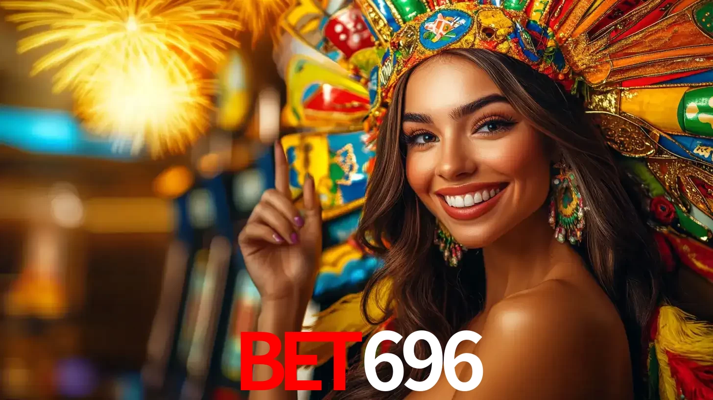 Mulher sorridente com um cocar de carnaval vibrante e colorido, celebrando uma grande vitória nos jogos do cassino bet696 com fogos de artifício ao fundo.