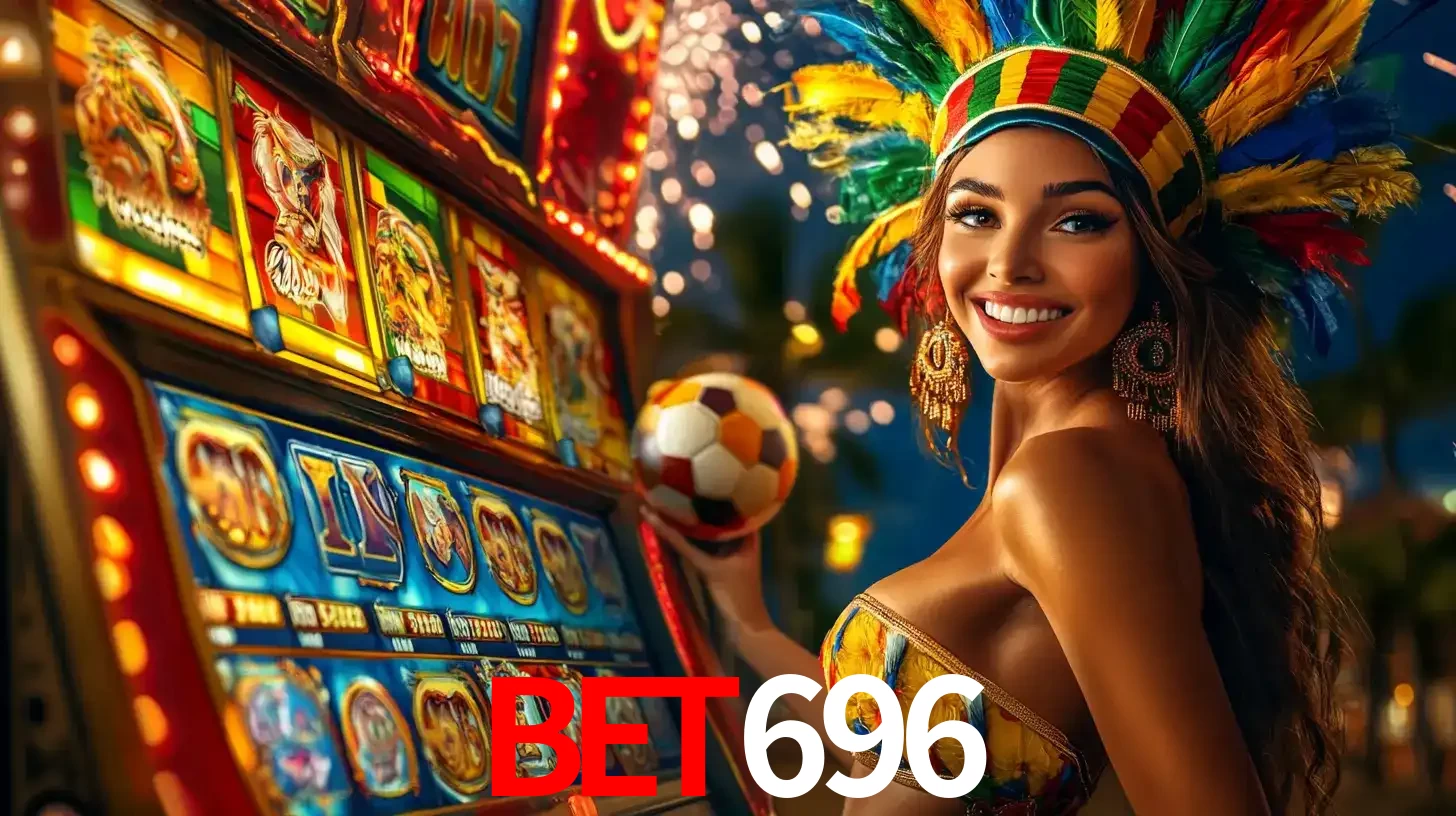 Mulher com um cocar de carnaval ao lado de uma máquina de caça-níqueis enquanto segura uma bola de futebol, mostrando a união da diversão de cassino e esportes no bet696.