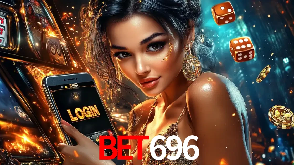 Mulher glamourosa segurando um celular com a tela de login do cassino bet696, rodeada por dados e moedas douradas, pronta para começar a diversão.