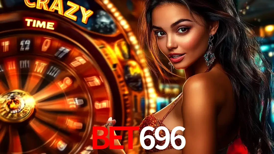 Mulher ao lado da roda de prêmios do jogo de cassino ao vivo Crazy Time, um dos shows de jogos mais emocionantes oferecidos pela plataforma de apostas bet696.