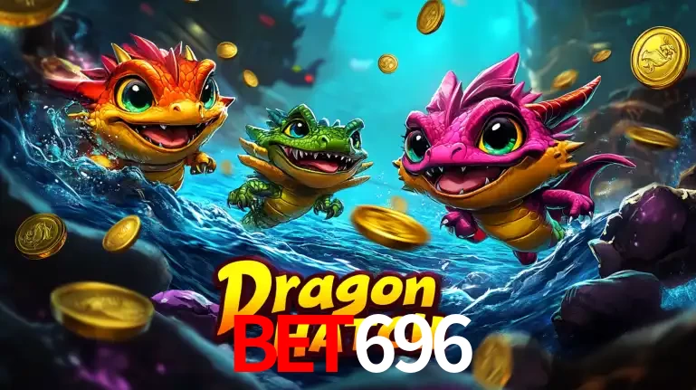 Arte promocional do jogo Dragon Hatch com três adoráveis dragões bebês nadando entre moedas de ouro, um dos slots mais divertidos para jogar no cassino bet696.