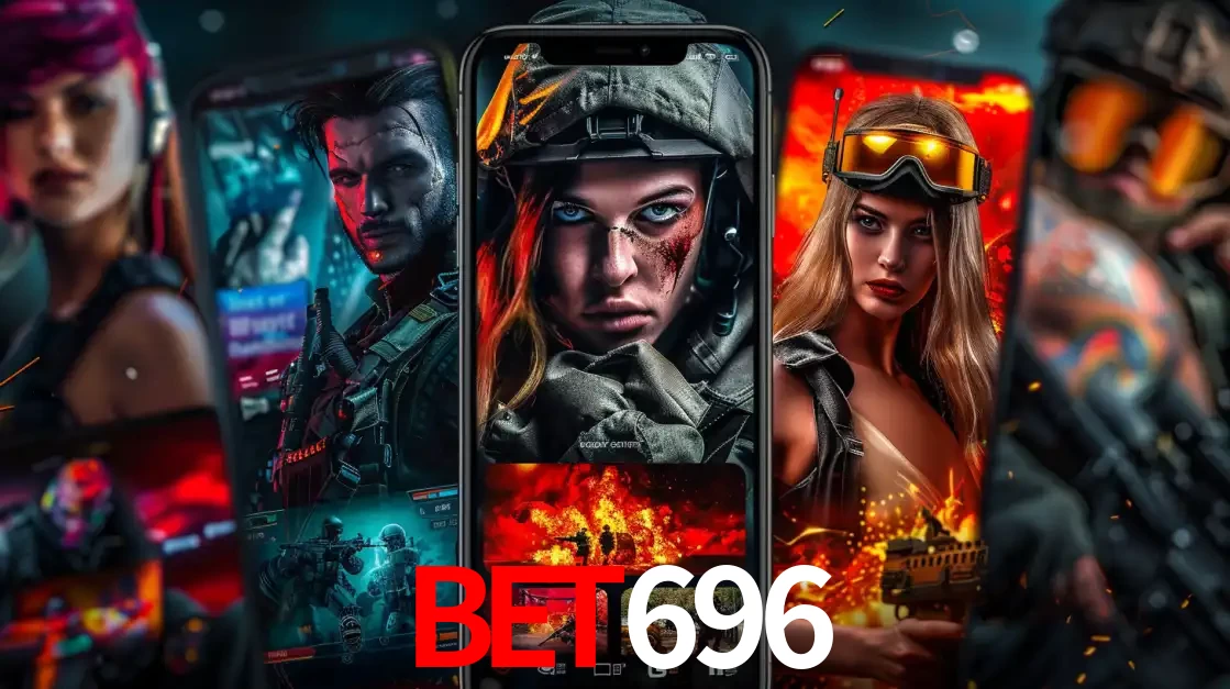 Montagem de telas de celular mostrando diversos personagens, masculinos e femininos, de um jogo de tiro, ilustrando a diversidade de equipes de e-sports para apostar no bet696.