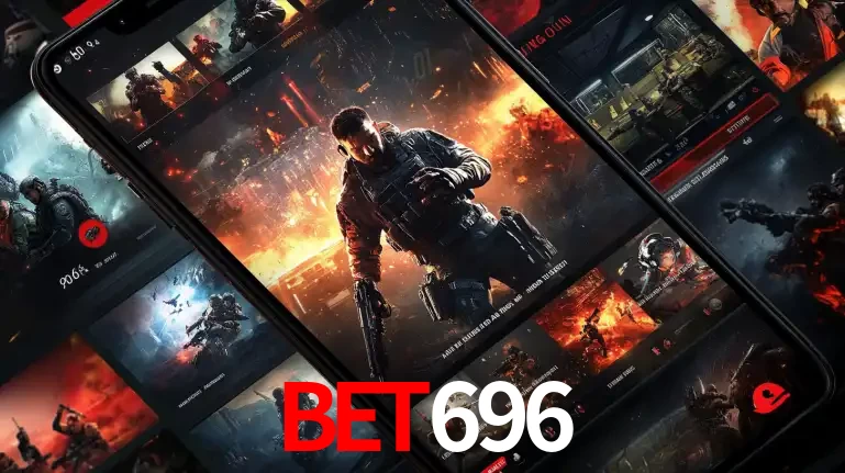 Tela de um celular exibindo uma galeria de jogos de tiro com temática militar, mostrando a variedade de e-sports disponíveis para apostas na plataforma de entretenimento bet696.