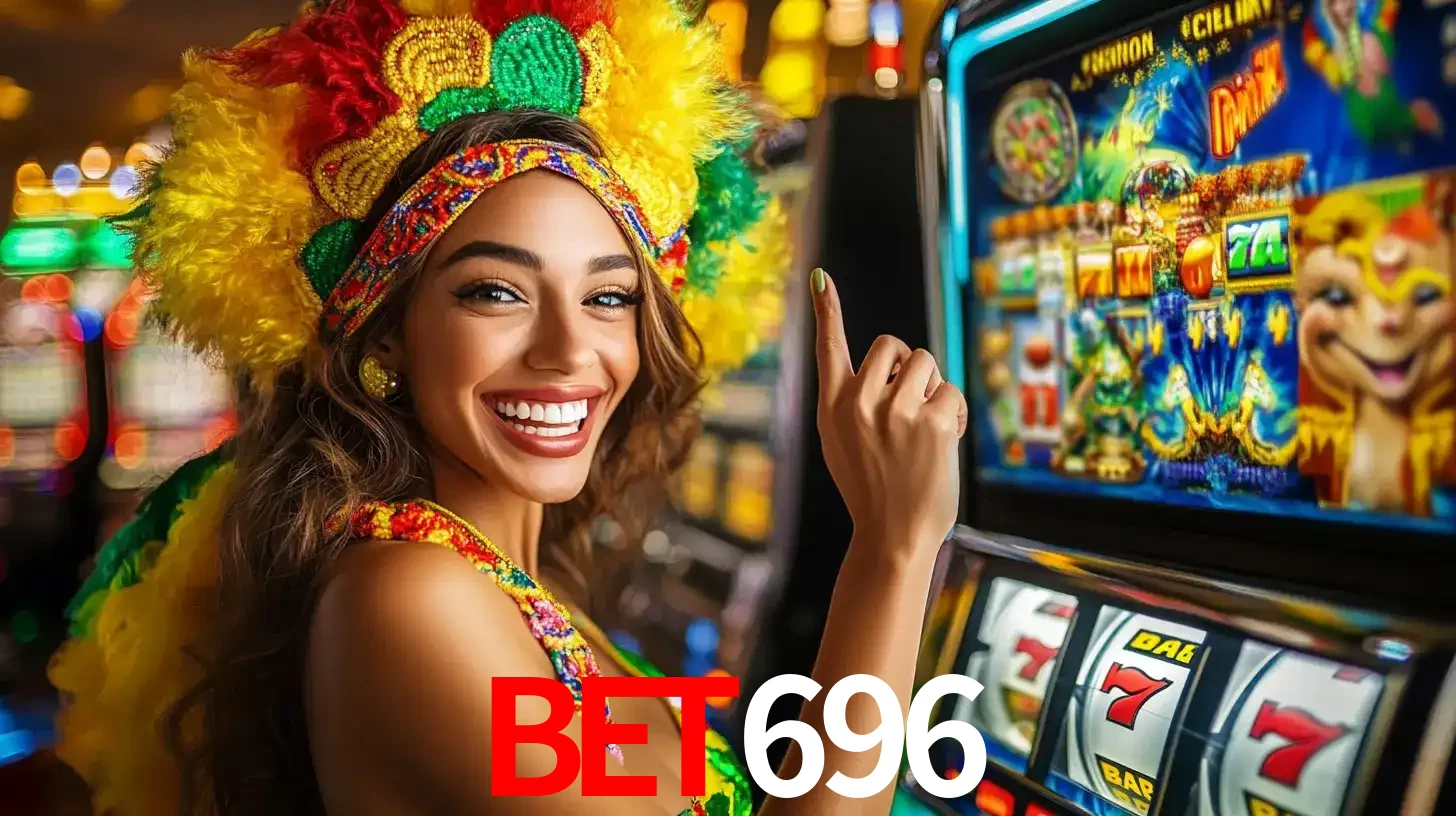 Mulher animada com um cocar de carnaval apontando para uma máquina de caça-níqueis, mostrando a emoção de ganhar um grande prêmio nos jogos do bet696.