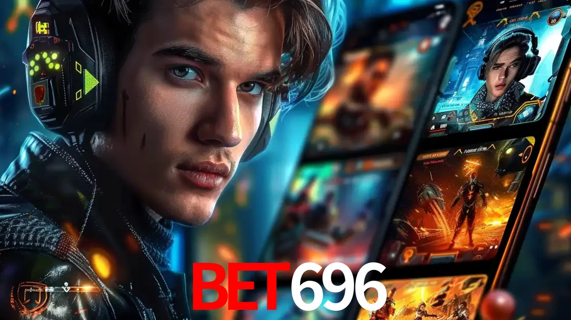 Jovem jogador com fones de ouvido olhando para a câmera, com um aplicativo de jogos e e-sports para celular ao fundo, pronto para a competição e apostas no bet696.