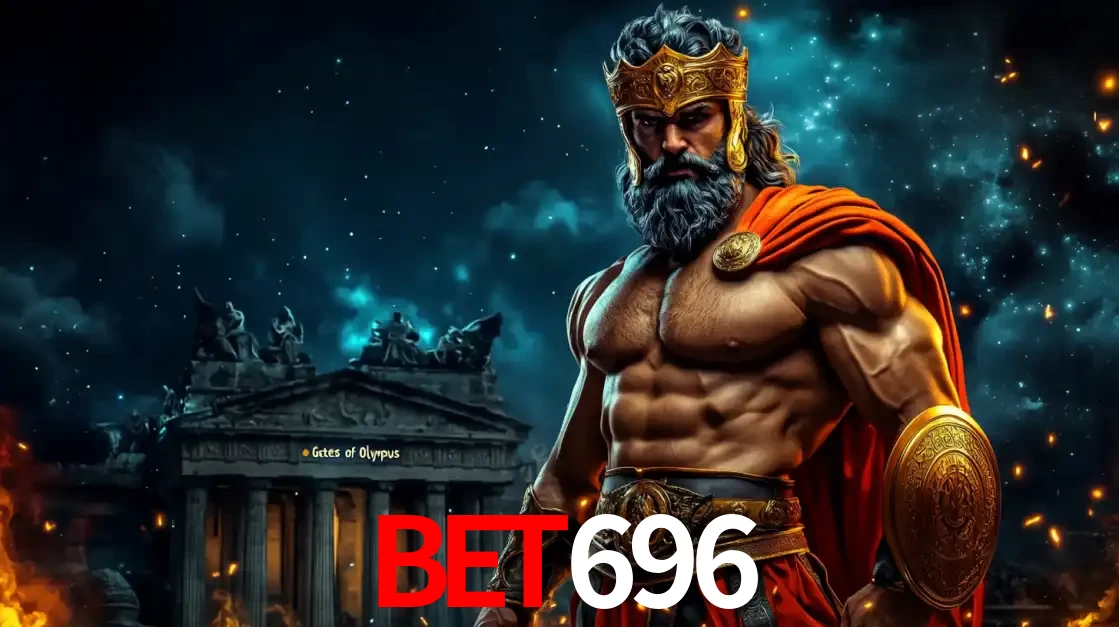 O poderoso Zeus do jogo de slot Gates of Olympus em frente ao seu templo, pronto para lançar multiplicadores divinos e prêmios épicos no cassino online bet696.