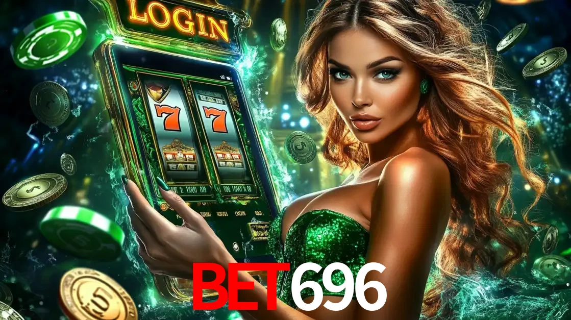Mulher com tema verde apresentando o aplicativo do cassino bet696 com um jogo de slot de 777, cercada por fichas de cassino e uma aura de sorte.