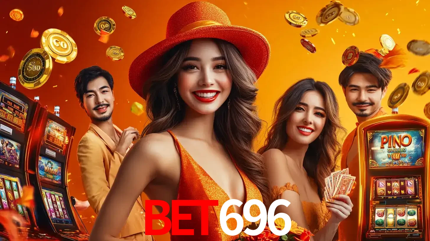 Grupo de amigos asiáticos sorrindo e se divertindo com máquinas de caça-níqueis em um ambiente festivo, celebrando suas vitórias nos jogos de cassino do bet696.