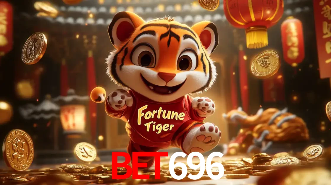 O alegre personagem do Fortune Tiger correndo sobre um caminho de moedas de ouro, simbolizando os grandes prêmios e a diversão do popular jogo de slot do bet696.