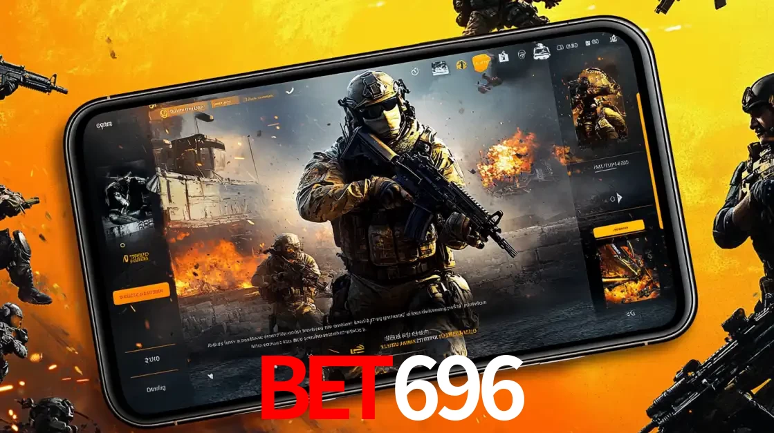 Um smartphone exibindo a interface de um jogo de tiro em primeira pessoa, com um soldado em um cenário de batalha, representando a ação dos e-sports para apostar no bet696.