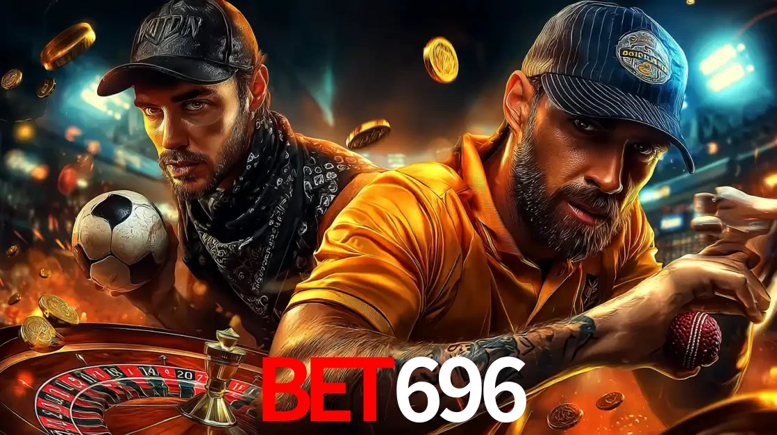 Montagem de apostas esportivas e cassino no bet696, com um homem segurando uma bola de futebol e outro uma de beisebol sobre uma roleta e moedas voadoras.