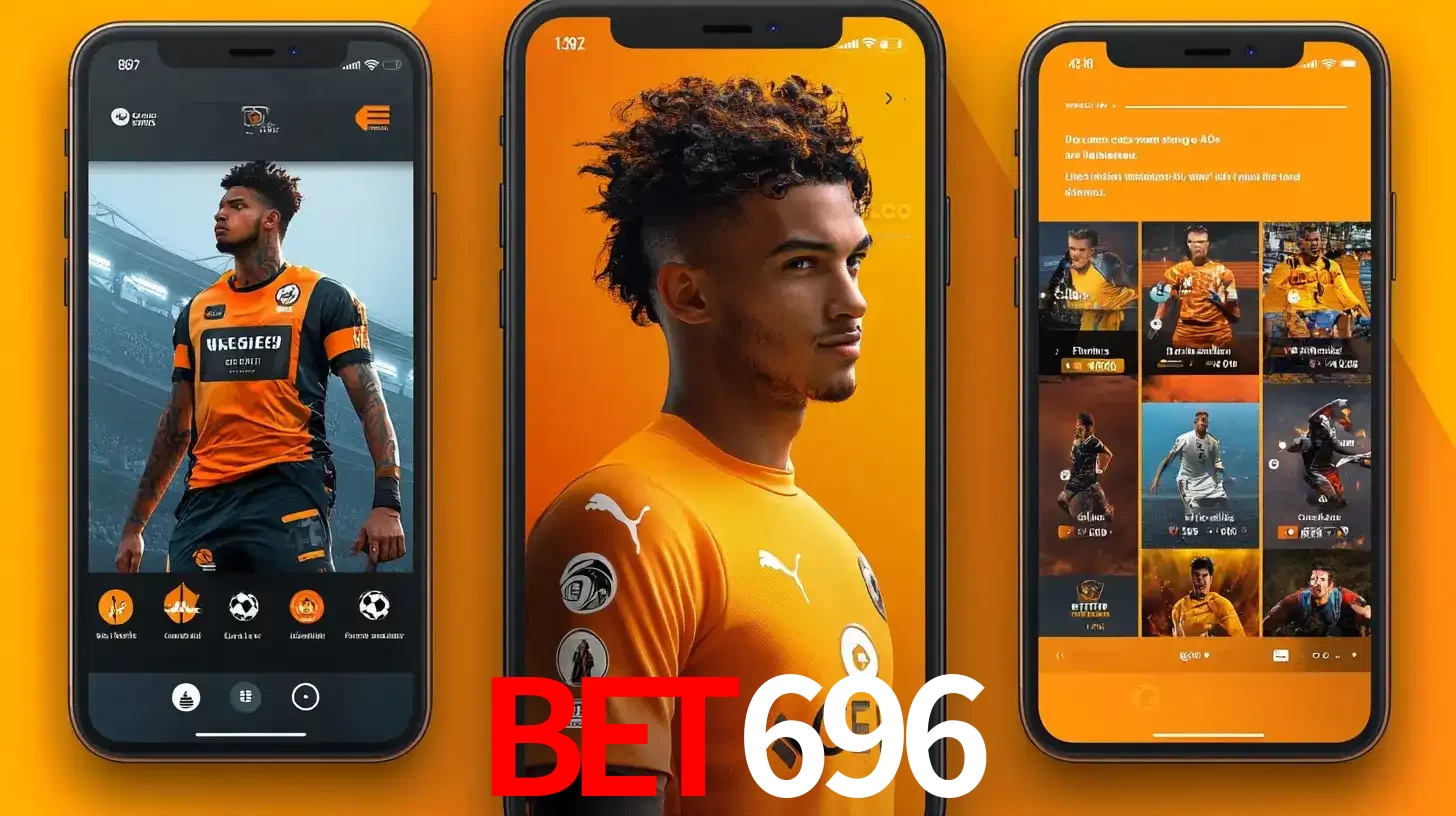 Interface do aplicativo de apostas esportivas bet696 em três telas de celular, mostrando o perfil de um jogador de futebol e a lista de jogos disponíveis para apostar.