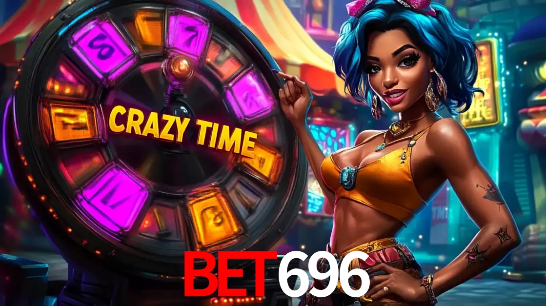 Mulher estilizada com cabelo azul e visual vibrante posando ao lado da roda de prêmios do game show Crazy Time, convidando para a diversão e os bônus do cassino bet696.