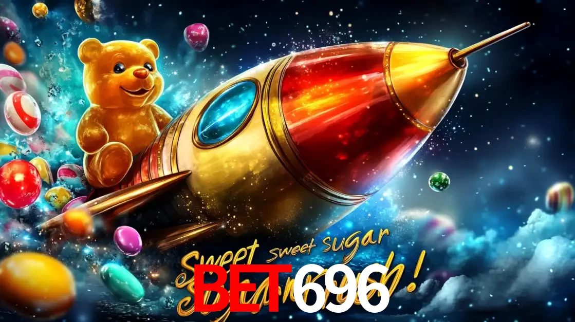 Arte promocional do jogo de slot Sugar Rush, com um urso de pelúcia em um foguete viajando pelo espaço de doces, um dos jogos divertidos disponíveis no cassino bet696.
