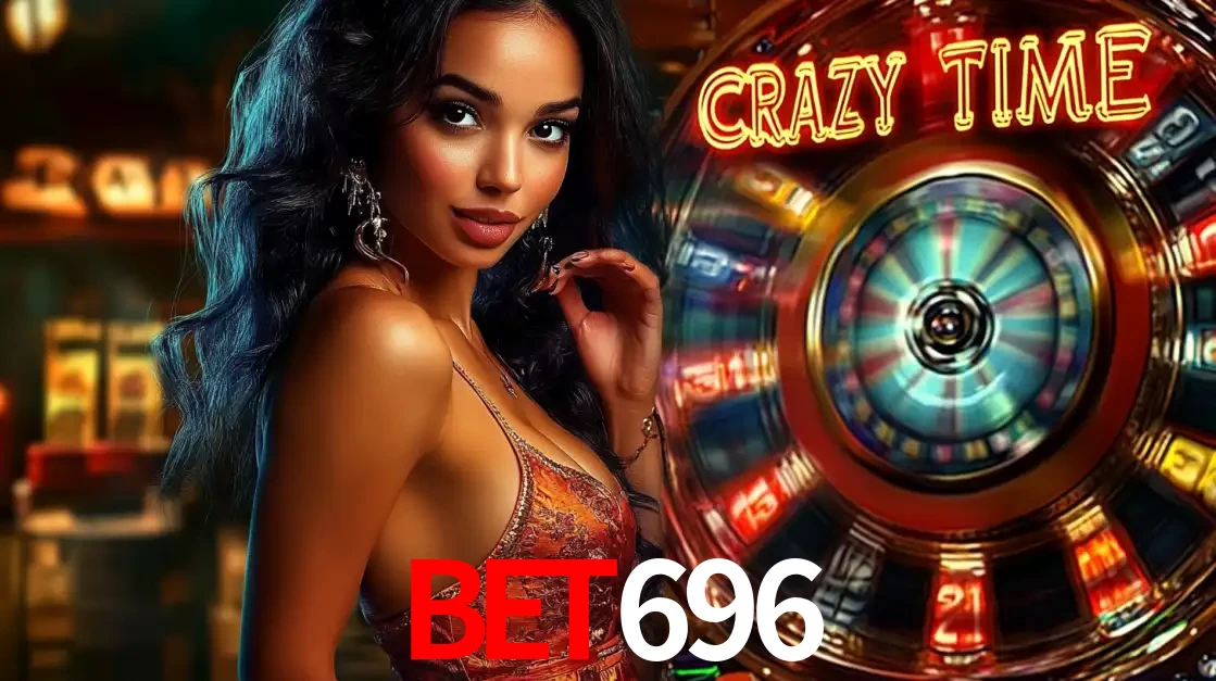 Mulher elegante ao lado da vibrante roda da fortuna do jogo de cassino ao vivo Crazy Time, um dos game shows mais populares e cheios de prêmios do bet696.