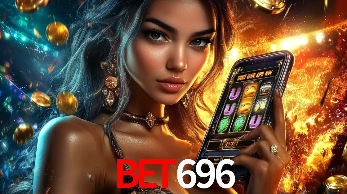 Mulher elegante mostrando um jogo de caça-níqueis em seu smartphone, destacando a experiência de cassino móvel oferecida pelo aplicativo bet696.