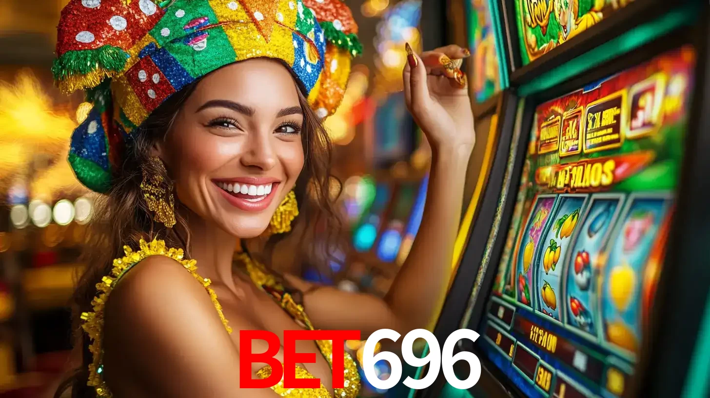Mulher feliz com traje de carnaval amarelo e colorido ao lado de uma máquina de caça-níqueis, aproveitando a diversão e os jogos temáticos do cassino bet696.