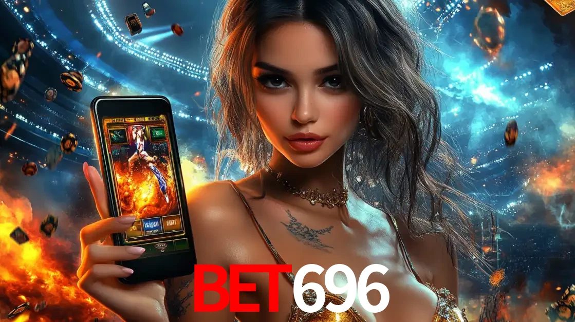 Mulher segurando um celular com um jogo de slot em destaque, tendo como fundo um estádio vibrante, simbolizando a emoção de jogar no cassino móvel bet696.