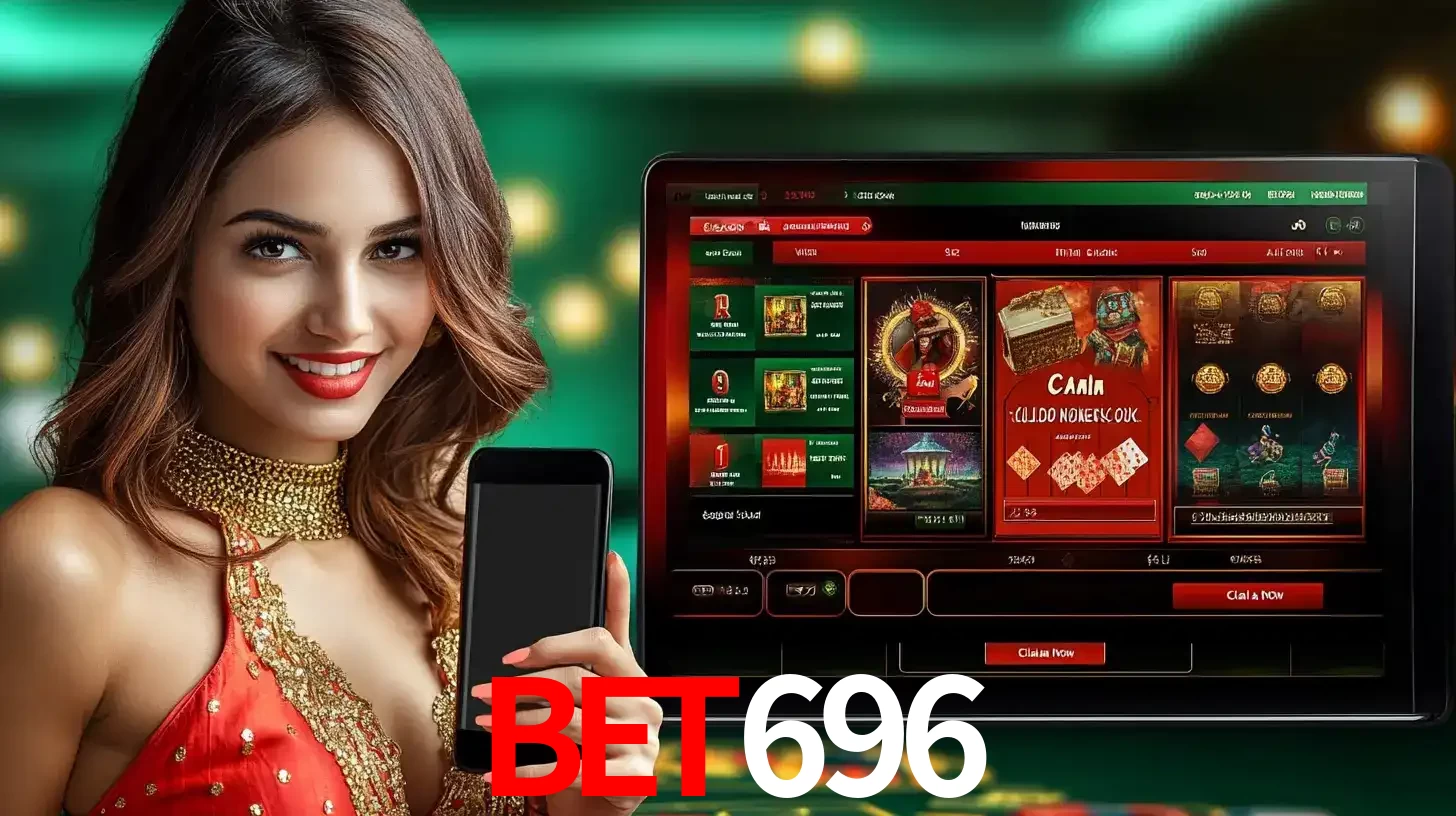 Mulher sorridente segurando um smartphone, ao lado de uma tela exibindo o lobby de jogos do cassino online bet696, com várias opções de jogos de cartas e slots.